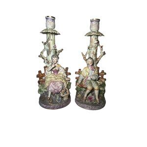 Pair Vintage Chase Hand Painted Porcelain Figural Candle Holders Courting Couple